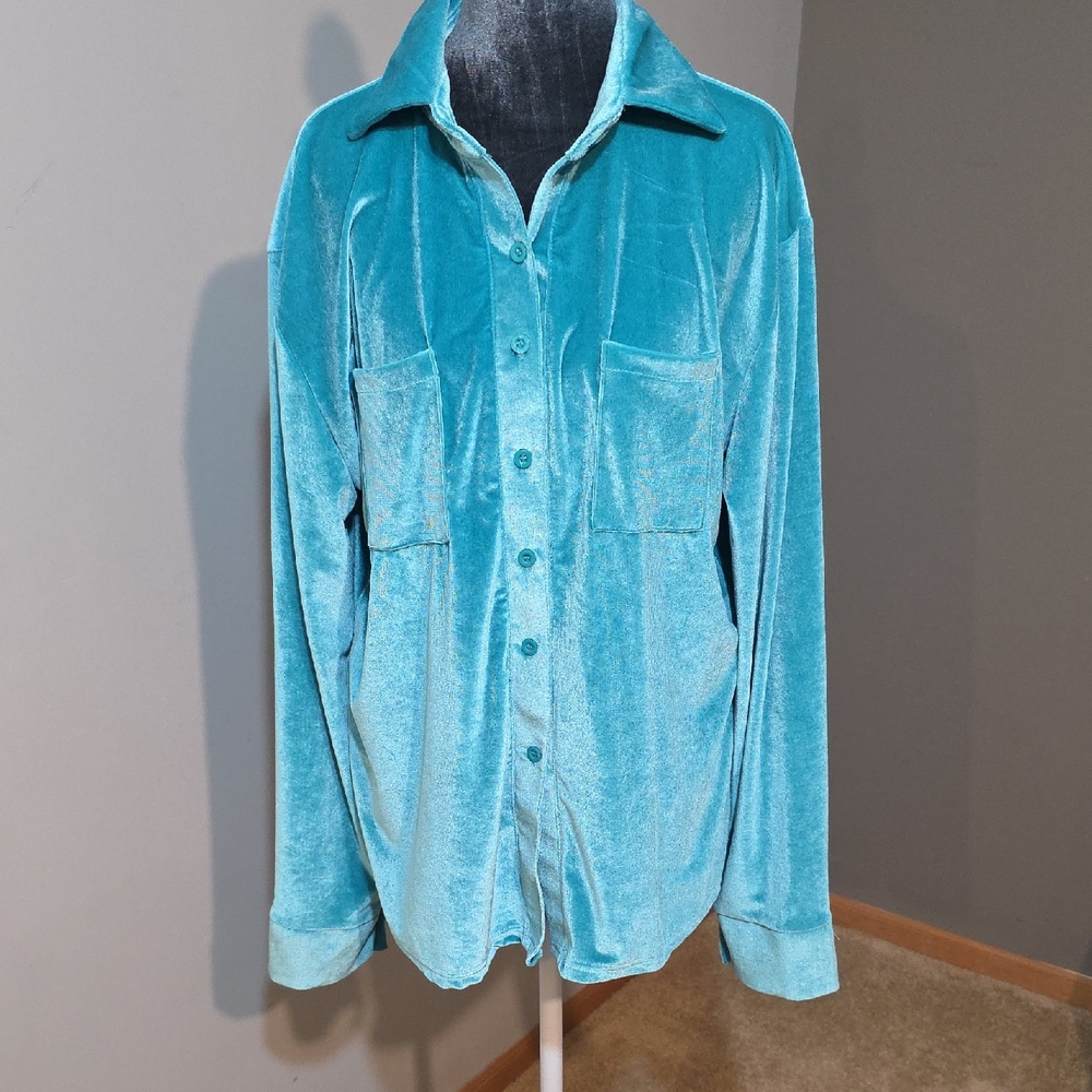 Teal‎ Velvet Button-Up Shirt